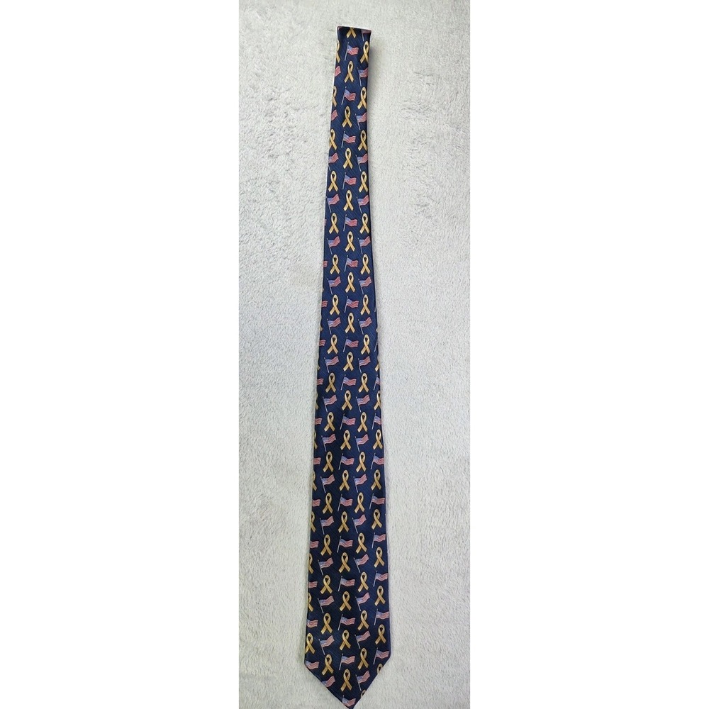 American Traditions USA Made Silk Tie Gold Ribbon American Flag Patriotic Navy - Picture 3 of 9